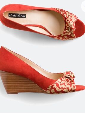 Red Suede Peep-Toe Wedges with Knotted Pattern